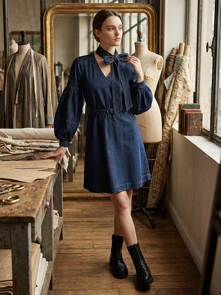 Long Sleeves Puff Sleeves Belted Bow-Embellished Solid Color V-Neck Mini Dresses - Image 5