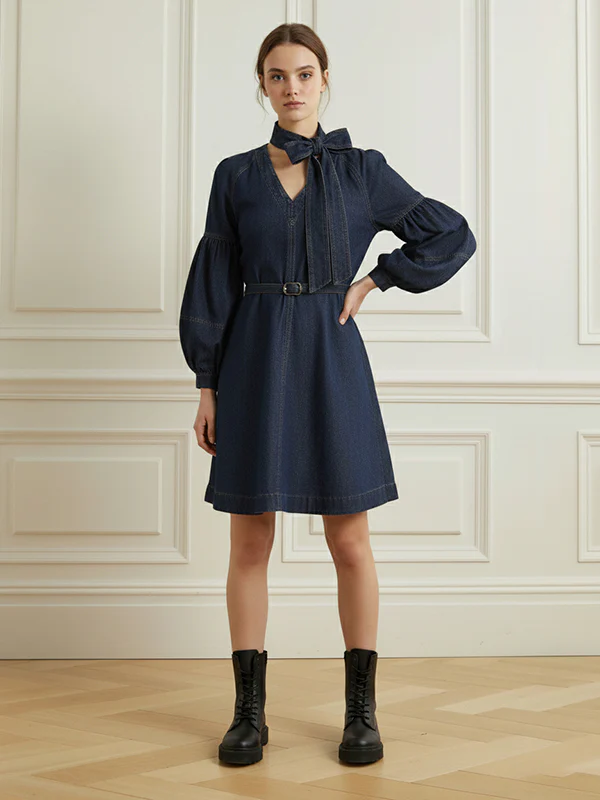 Long Sleeves Puff Sleeves Belted Bow-Embellished Solid Color V-Neck Mini Dresses - Image 6