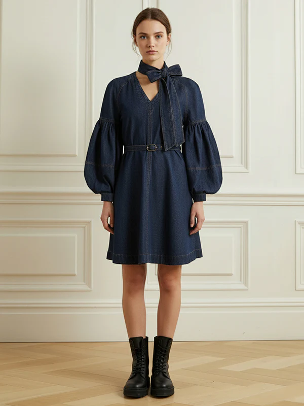 Long Sleeves Puff Sleeves Belted Bow-Embellished Solid Color V-Neck Mini Dresses - Image 7