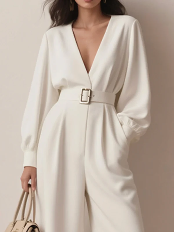 Long Sleeves Puff Sleeves Belted Hollow Solid Color Deep V-Neck Jumpsuits - Image 2