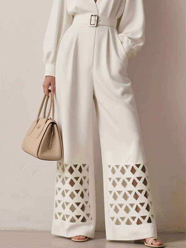 Long Sleeves Puff Sleeves Belted Hollow Solid Color Deep V-Neck Jumpsuits - Image 3