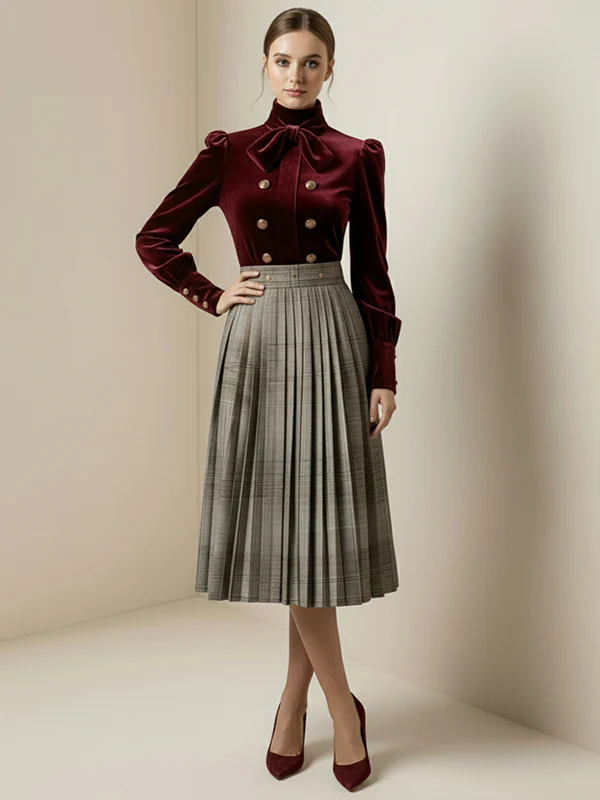 Long Sleeves Puff Sleeves Bow-Embellished Buttoned Contrast Color Pleated Split-Joint High Neck Blouses&Shirts Tops - Image 3