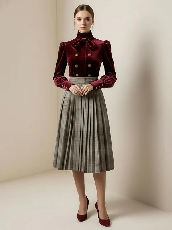 Long Sleeves Puff Sleeves Bow-Embellished Buttoned Contrast Color Pleated Split-Joint High Neck Blouses&Shirts Tops - Image 4