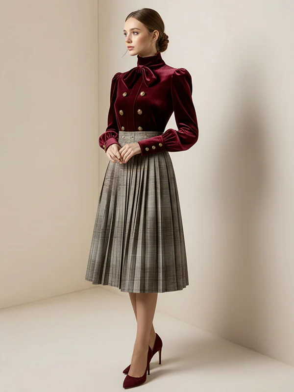 Long Sleeves Puff Sleeves Bow-Embellished Buttoned Contrast Color Pleated Split-Joint High Neck Blouses&Shirts Tops - Image 5