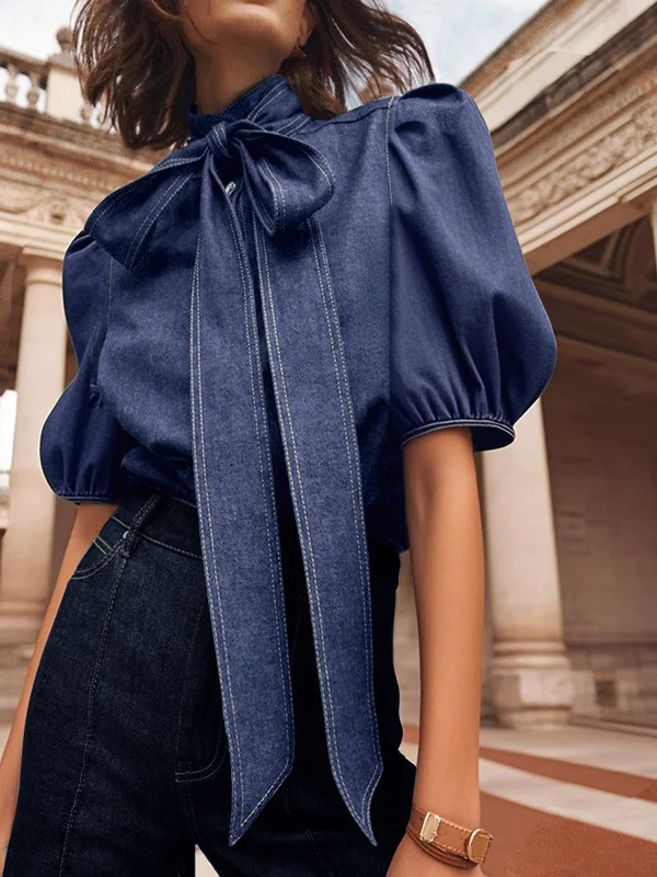 Long Sleeves Puff Sleeves Bow-Embellished Buttoned Split-Joint Tied High Neck Blouses&Shirts Tops - Image 2