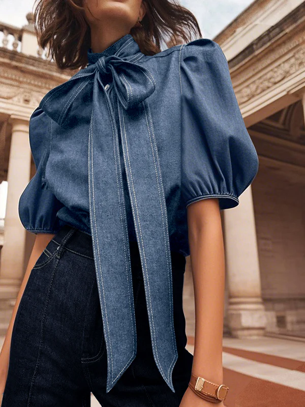 Long Sleeves Puff Sleeves Bow-Embellished Buttoned Split-Joint Tied High Neck Blouses&Shirts Tops - Image 4