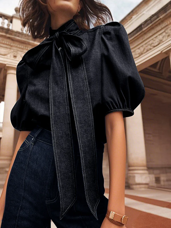 Long Sleeves Puff Sleeves Bow-Embellished Buttoned Split-Joint Tied High Neck Blouses&Shirts Tops - Image 6