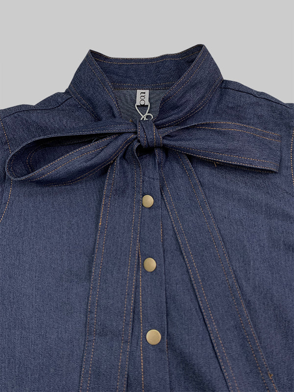 Long Sleeves Puff Sleeves Bow-Embellished Buttoned Split-Joint Tied High Neck Blouses&Shirts Tops - Image 11