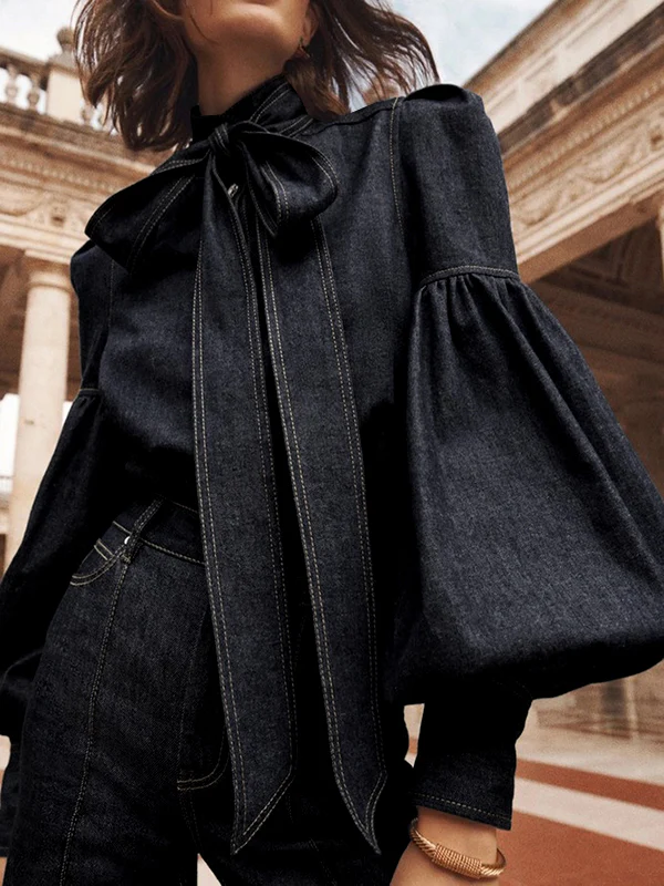 Long Sleeves Puff Sleeves Bow-Embellished Buttoned Split-Joint Tied High Neck Blouses&Shirts Tops - Image 3
