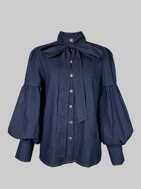 Long Sleeves Puff Sleeves Bow-Embellished Buttoned Split-Joint Tied High Neck Blouses&Shirts Tops - Image 4