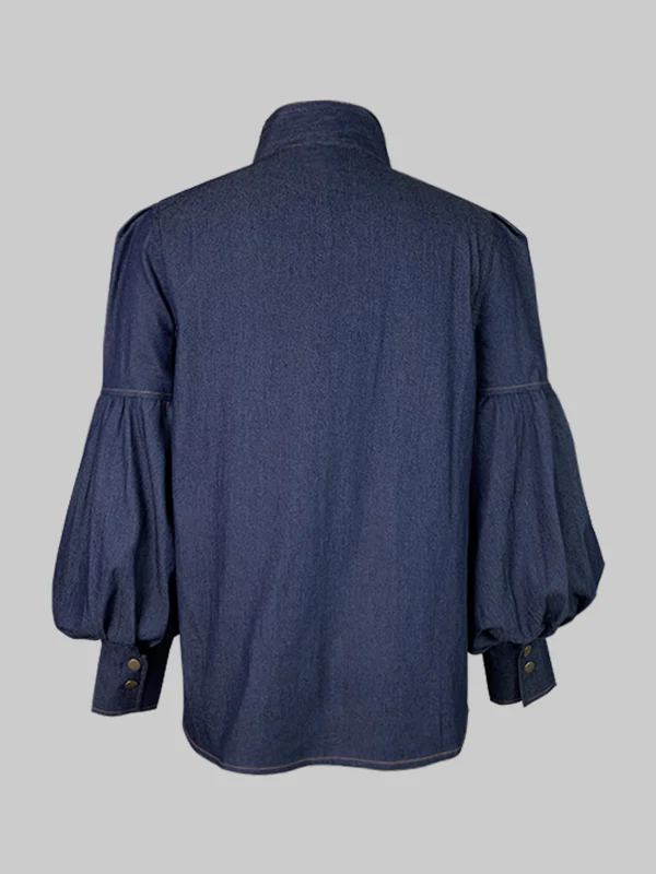 Long Sleeves Puff Sleeves Bow-Embellished Buttoned Split-Joint Tied High Neck Blouses&Shirts Tops - Image 5