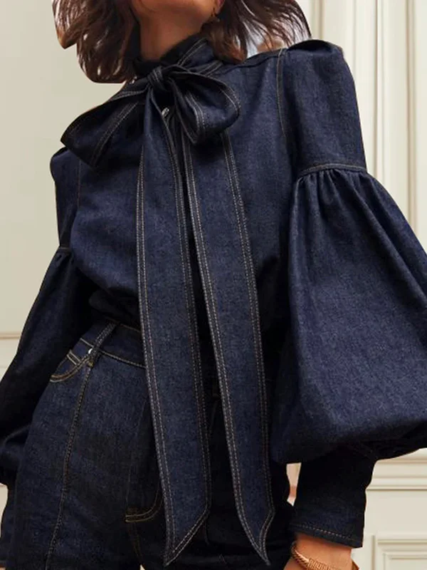 Long Sleeves Puff Sleeves Bow-Embellished Buttoned Split-Joint Tied High Neck Blouses&Shirts Tops - Image 7
