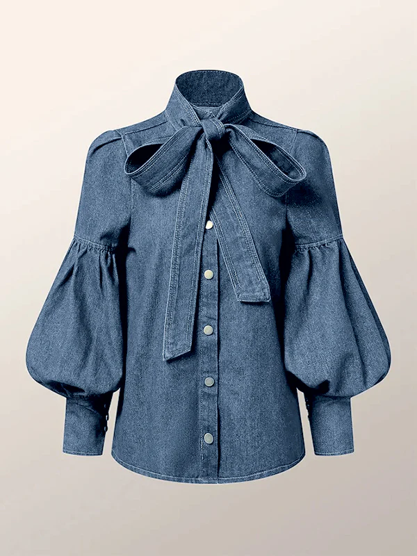 Long Sleeves Puff Sleeves Bow-Embellished Buttoned Split-Joint Tied High Neck Blouses&Shirts Tops - Image 8
