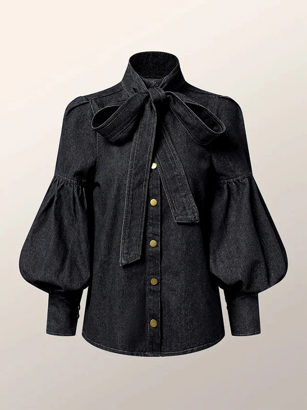 Long Sleeves Puff Sleeves Bow-Embellished Buttoned Split-Joint Tied High Neck Blouses&Shirts Tops - Image 9