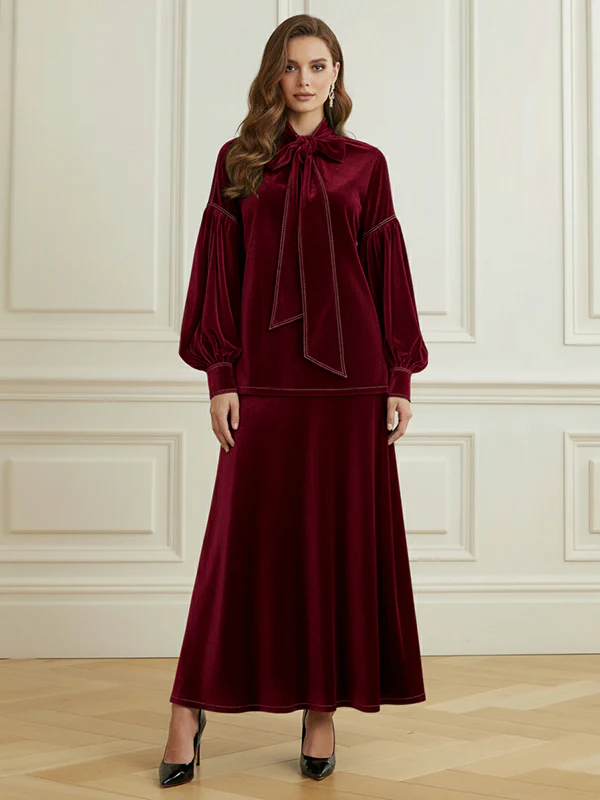 Long Sleeves Puff Sleeves Bow-Embellished Pleated Solid Color Split-Joint Tied Half Turtleneck Blouses&Shirts Tops - Image 2