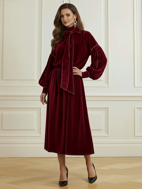 Long Sleeves Puff Sleeves Bow-Embellished Pleated Solid Color Split-Joint Tied Half Turtleneck Blouses&Shirts Tops - Image 3