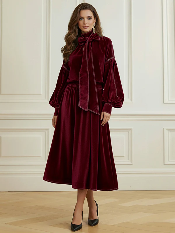 Long Sleeves Puff Sleeves Bow-Embellished Pleated Solid Color Split-Joint Tied Half Turtleneck Blouses&Shirts Tops - Image 4
