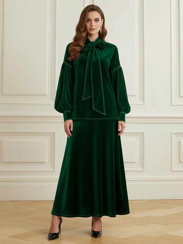 Long Sleeves Puff Sleeves Bow-Embellished Pleated Solid Color Split-Joint Tied Half Turtleneck Blouses&Shirts Tops - Image 5