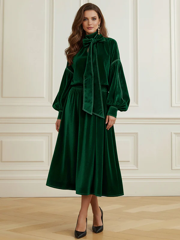 Long Sleeves Puff Sleeves Bow-Embellished Pleated Solid Color Split-Joint Tied Half Turtleneck Blouses&Shirts Tops - Image 6