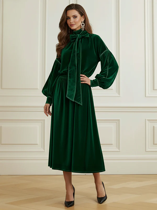 Long Sleeves Puff Sleeves Bow-Embellished Pleated Solid Color Split-Joint Tied Half Turtleneck Blouses&Shirts Tops - Image 7