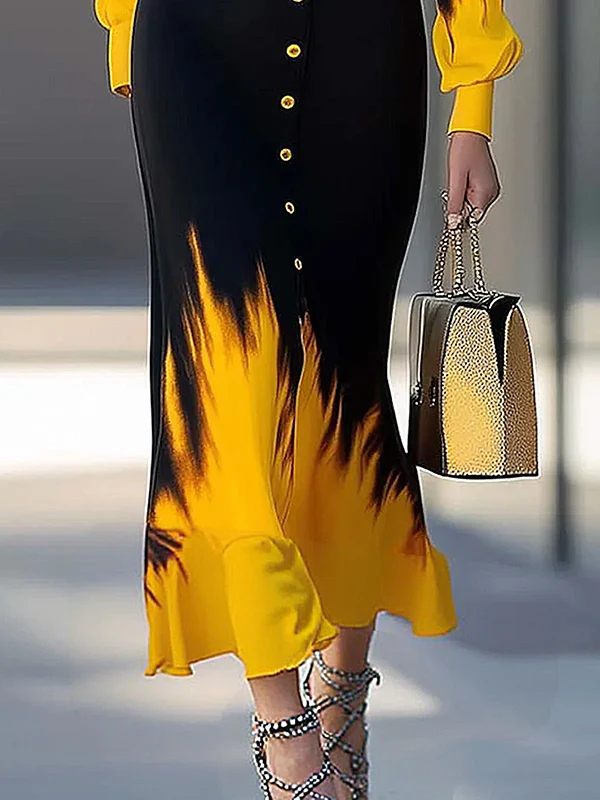 Long Sleeves Puff Sleeves Buttoned Gradient Printed Lapel Maxi Dresses Shirt Dress - Image 3