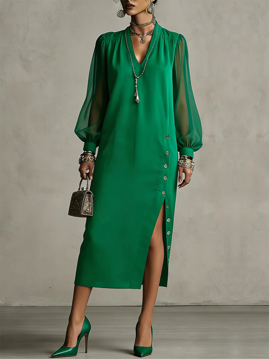 Long Sleeves Puff Sleeves Buttoned Pleated Pockets Solid Color Split-Side V-Neck Midi Dresses - Image 2