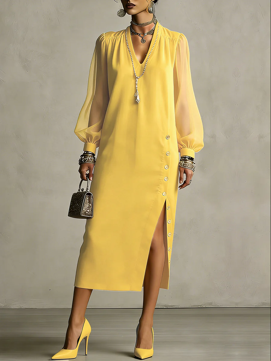 Long Sleeves Puff Sleeves Buttoned Pleated Pockets Solid Color Split-Side V-Neck Midi Dresses - Image 5