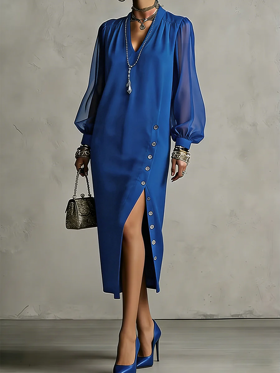 Long Sleeves Puff Sleeves Buttoned Pleated Pockets Solid Color Split-Side V-Neck Midi Dresses - Image 7