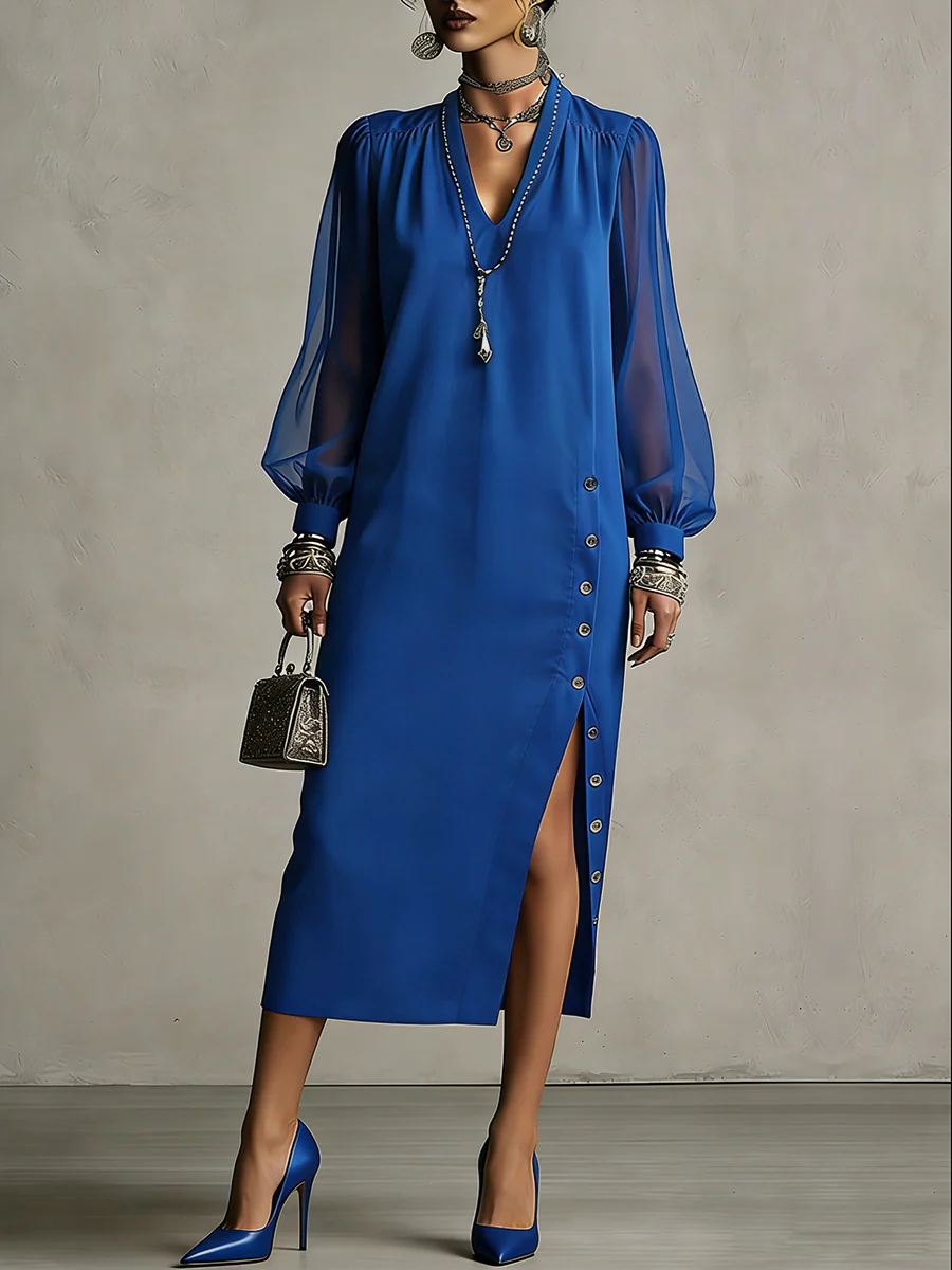 Long Sleeves Puff Sleeves Buttoned Pleated Pockets Solid Color Split-Side V-Neck Midi Dresses - Image 8