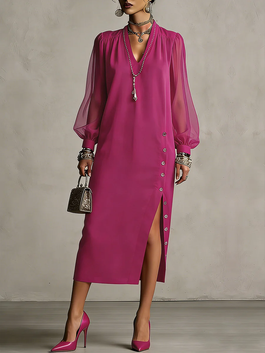 Long Sleeves Puff Sleeves Buttoned Pleated Pockets Solid Color Split-Side V-Neck Midi Dresses - Image 9