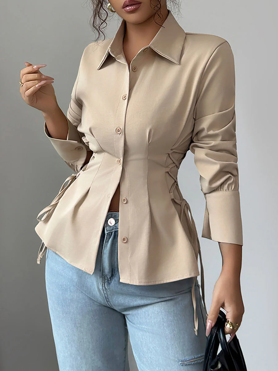 Long Sleeves Puff Sleeves Buttoned Pleated Solid Color Tied Lapel Blouses&Shirts Tops - Image 2