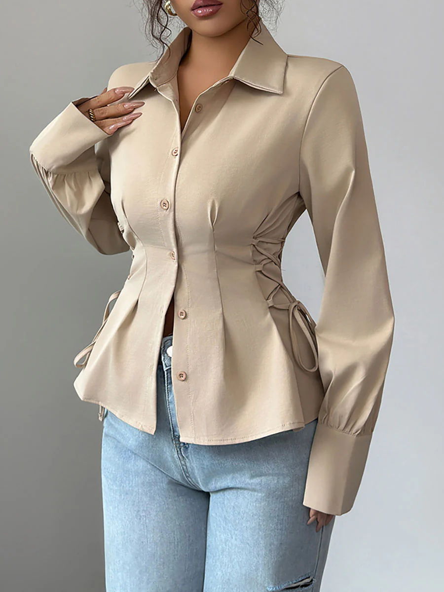 Long Sleeves Puff Sleeves Buttoned Pleated Solid Color Tied Lapel Blouses&Shirts Tops - Image 3