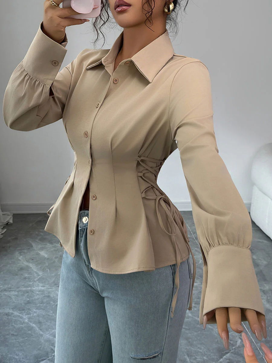 Long Sleeves Puff Sleeves Buttoned Pleated Solid Color Tied Lapel Blouses&Shirts Tops - Image 4