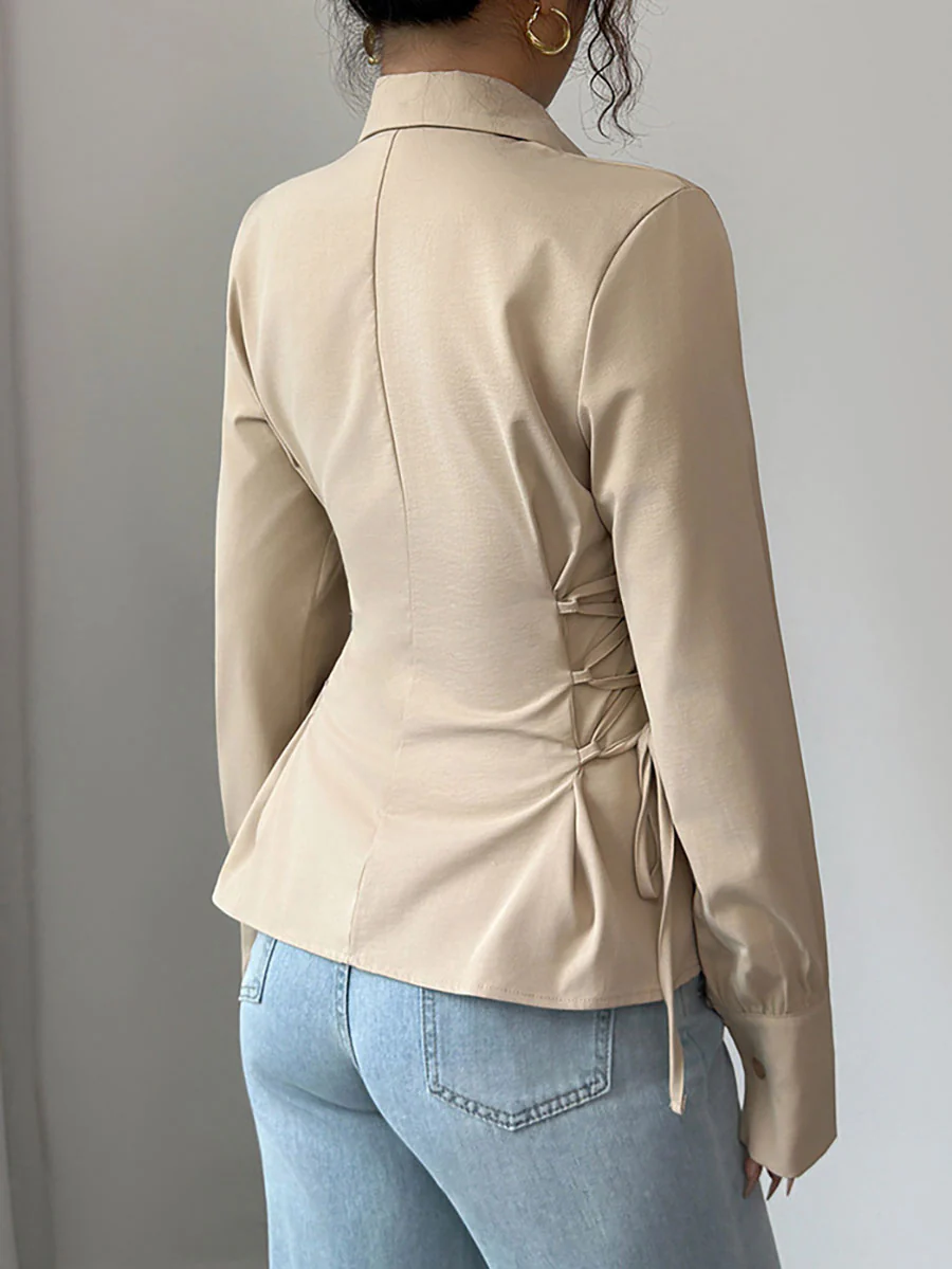Long Sleeves Puff Sleeves Buttoned Pleated Solid Color Tied Lapel Blouses&Shirts Tops - Image 5