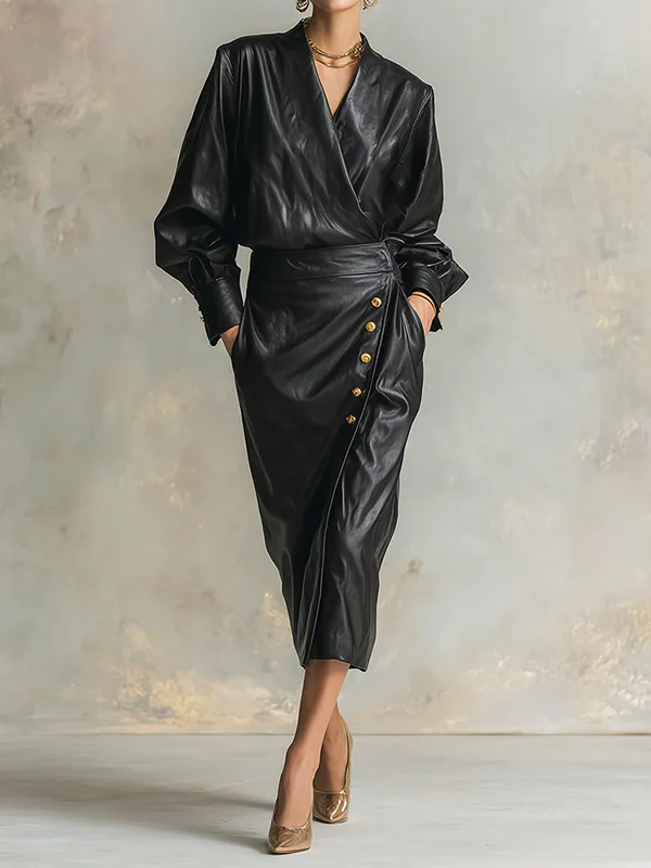 Long Sleeves Puff Sleeves Buttoned Pleated Solid Color V-Neck Midi Dresses - Image 2