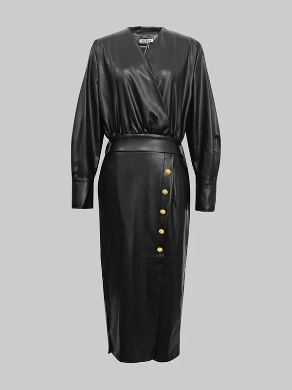 Long Sleeves Puff Sleeves Buttoned Pleated Solid Color V-Neck Midi Dresses - Image 4