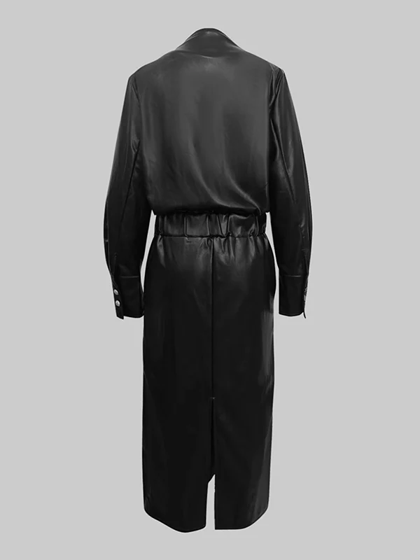 Long Sleeves Puff Sleeves Buttoned Pleated Solid Color V-Neck Midi Dresses - Image 5