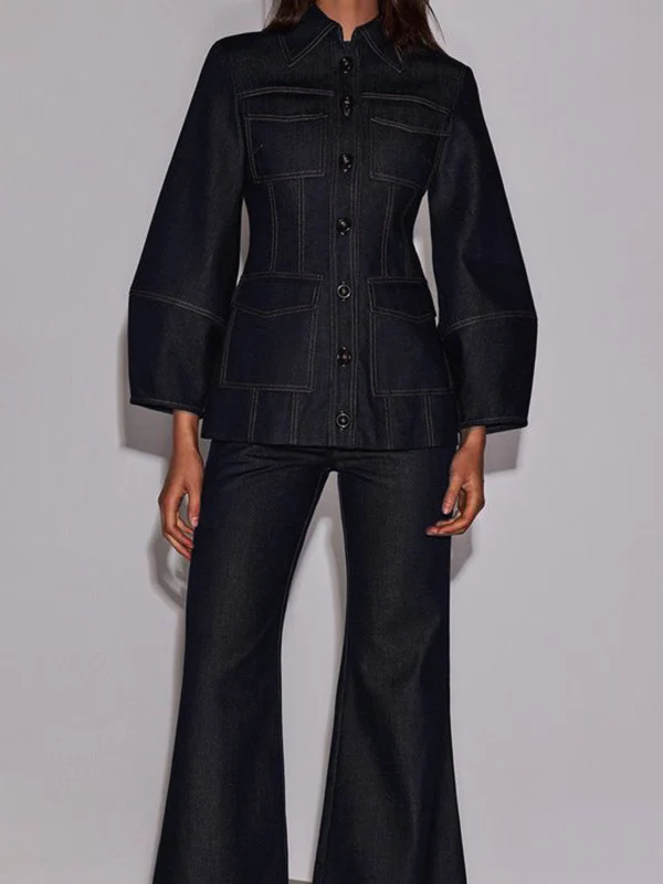 Long Sleeves Puff Sleeves Buttoned Pockets Split-Joint Lapel Outerwear - Image 2