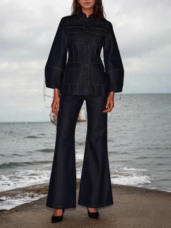 Long Sleeves Puff Sleeves Buttoned Pockets Split-Joint Lapel Outerwear - Image 4