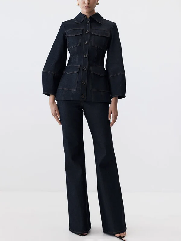 Long Sleeves Puff Sleeves Buttoned Pockets Split-Joint Lapel Outerwear - Image 5