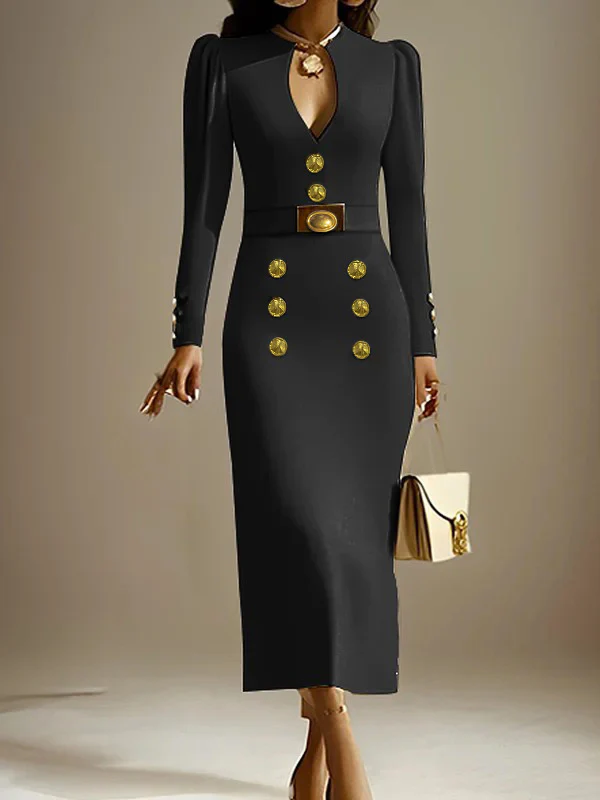 Long Sleeves Puff Sleeves Buttoned Solid Color Deep V-Neck Midi Dresses - Image 2