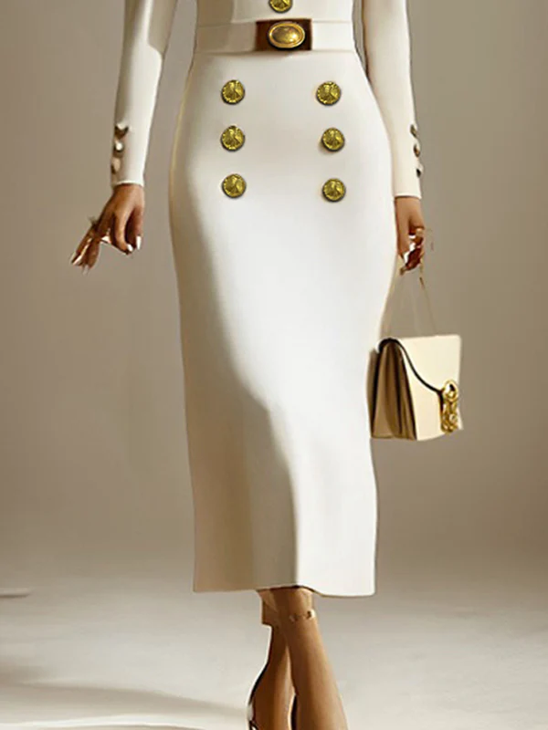Long Sleeves Puff Sleeves Buttoned Solid Color Deep V-Neck Midi Dresses - Image 4