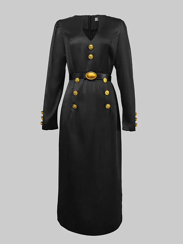 Long Sleeves Puff Sleeves Buttoned Solid Color Deep V-Neck Midi Dresses - Image 5