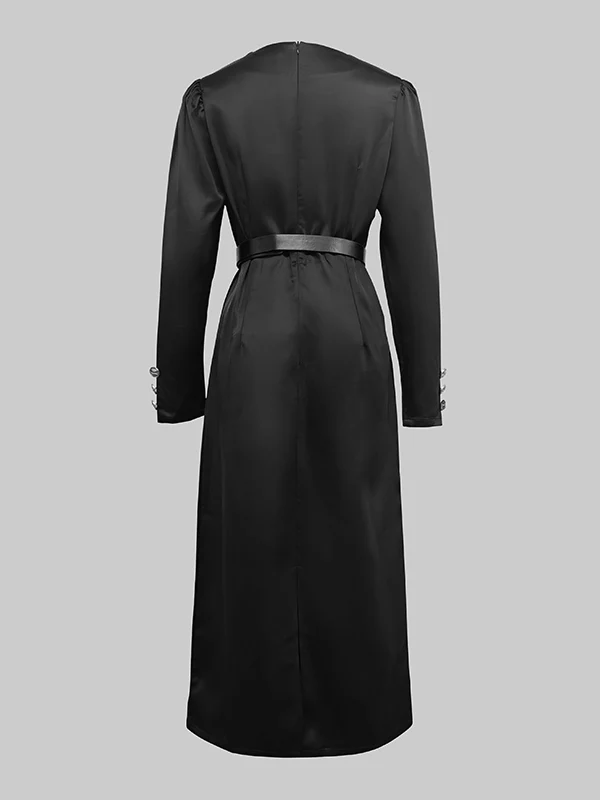 Long Sleeves Puff Sleeves Buttoned Solid Color Deep V-Neck Midi Dresses - Image 6
