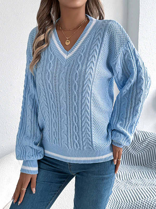 Long Sleeves Puff Sleeves Cable Knit Contrast Color Split-Joint V-Neck Knit Top Sweater Tops