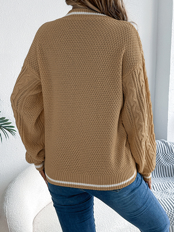 Long Sleeves Puff Sleeves Cable Knit Contrast Color Split-Joint V-Neck Knit Top Sweater Tops - Image 10