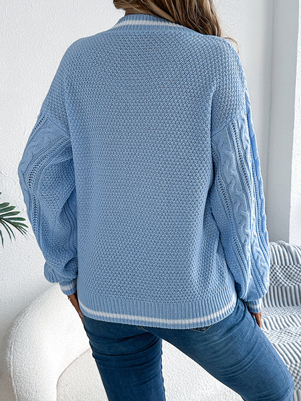 Long Sleeves Puff Sleeves Cable Knit Contrast Color Split-Joint V-Neck Knit Top Sweater Tops - Image 15