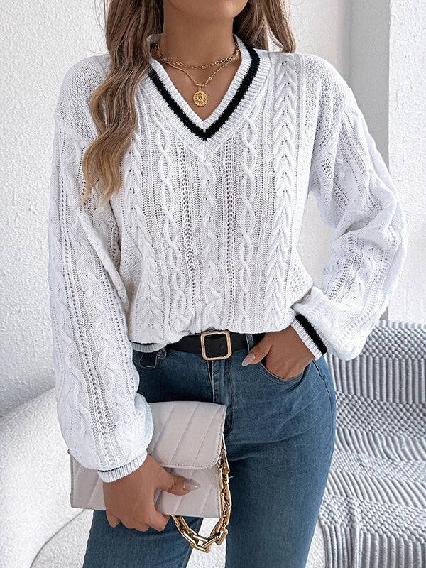 Long Sleeves Puff Sleeves Cable Knit Contrast Color Split-Joint V-Neck Knit Top Sweater Tops - Image 2