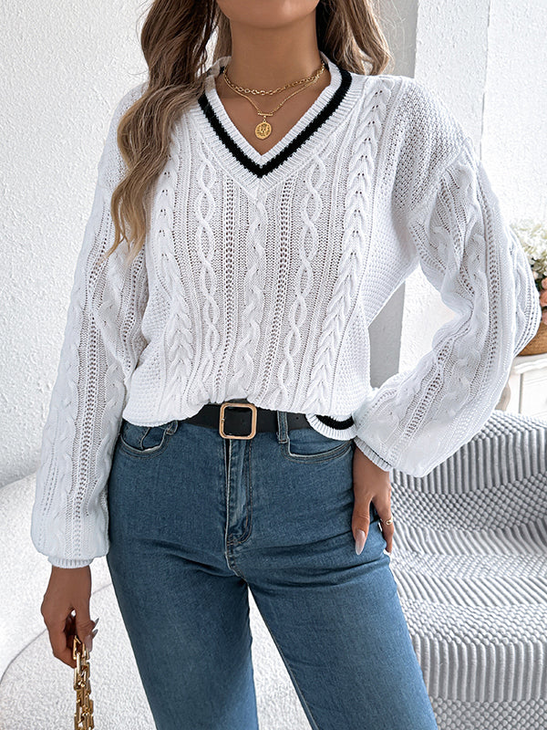 Long Sleeves Puff Sleeves Cable Knit Contrast Color Split-Joint V-Neck Knit Top Sweater Tops - Image 3
