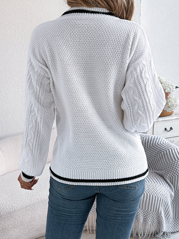 Long Sleeves Puff Sleeves Cable Knit Contrast Color Split-Joint V-Neck Knit Top Sweater Tops - Image 5
